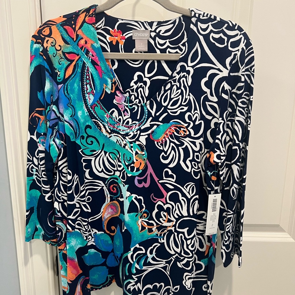 Chico's Navy and White Floral Top - NWT